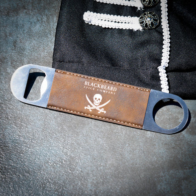 Blackbeard Pirate Bottle Opener 7" Stainless Steel Leather Wrapped & Laser Engraved